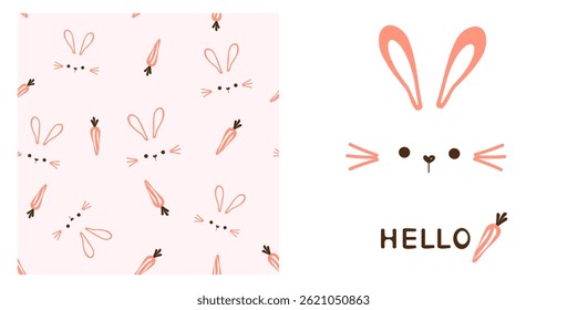 Seamless pattern with bunny cartoons and carrot on pastel pink background. Rabbit cartoon and hand written fonts isolated on white background vector. Cute childish print.