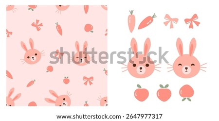 Seamless pattern with bunny cartoons, carrot, ribbon bows and peach fruit on pink background. Rabbit, carrot, ribbon bows and apricot fruit with green leaves icon set isolated on white background. 