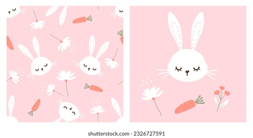 Seamless pattern with bunny cartoons, daisy flower and carrot on pink background. Rabbit, daisy flower, carrot and cute flower icon sign on pink background.