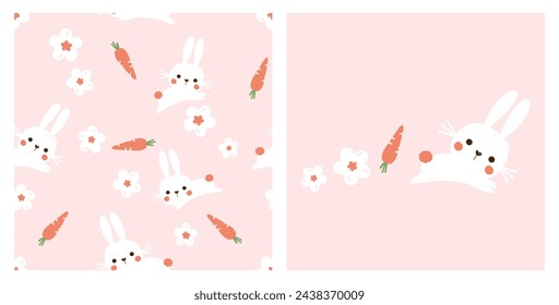 Seamless pattern with bunny cartoons, daisy flower and carrot on pink background vector. Jumping rabbit cartoon, carrot and cute flower icon sign vector.