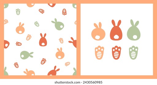 Seamless pattern with bunny cartoons and foot print on white background. Rabbit set and foot print icon sign isolated on white background vector.