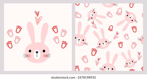Seamless pattern with bunny cartoons, foot prints and hand drawn hearts on white background. Rabbit face, paw print and hand drawn hearts icon set vector.