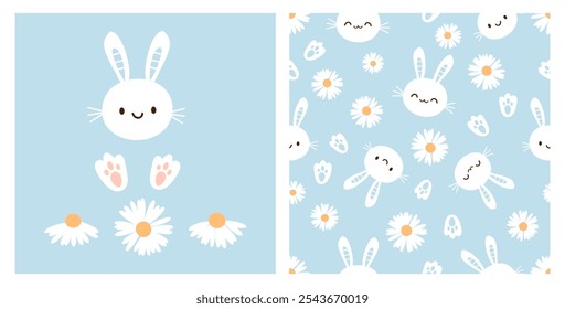 Nahtloses Muster mit Bunny-Cartoons, Fußabdruck und Gänseblümchen auf blauem Hintergrund. Nettes Kaninchengesicht, Fußabdruck-Symbol und Satz von Gänseblüten-Vektor.