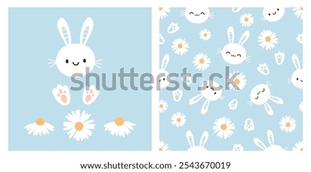 Seamless pattern with Bunny cartoons, foot print and daisy flower on blue background. Cute rabbit face, foot print icon and set of daisy flower vector.