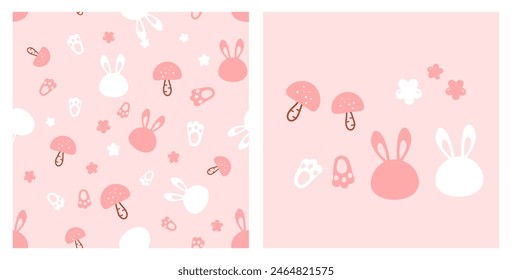 Seamless pattern with bunny cartoons, mushrooms, paw prints and cute flower on pink background vector. Pink mushrooms, flower, footprints and rabbit cartoon icon sign.