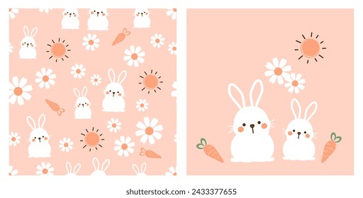 Seamless pattern with bunny cartoons, sun, carrot and daisy flower on pink background. Rabbit cartoons, carrot, daisy and sun icon set vector.