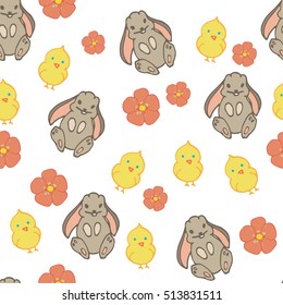 Seamless pattern with bunny, chicken and flower