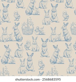 Seamless Pattern with bunny and chicken. Happy Easter. Vintage engraving style