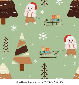Seamless pattern with bunny and Christmas tree on green background. Perfect for wrapping paper, greeting cards, textile print.