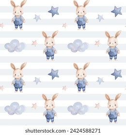 Seamless pattern with bunny, clouds, cute childish wallpaper. Watercolor rabbit background in pastel colors