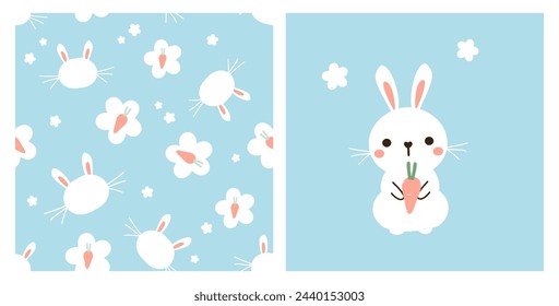 Seamless pattern with bunny,  cute flower and carrot on blue background. Rabbit cartoon vector.