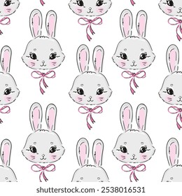 Seamless pattern Bunny  Cute little rabbit background. Hand Drawn vector illustration textile design.