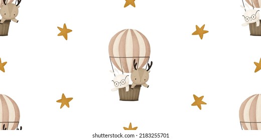 seamless pattern with bunny and deer on hot air balloon