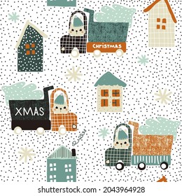 Seamless pattern with bunny driver and Christmas tree. Kids winter print. Vector hand drawn illustration.