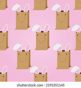 Seamless pattern with bunny ears that stick out of the bag on a pink background. The Christmas concept of what the new year of the rabbit is preparing. A surprise from the rabbit. Easter concept.