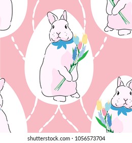 Seamless pattern with Bunny and Easter eggs. Vector Easter pattern background.