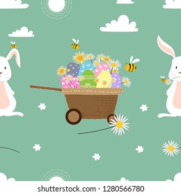 Seamless pattern bunny with Easter eggs on cart, Cute cartoon of Easter eggs in different designs with honey Bees collecting pollen on flowers,  Easter background
