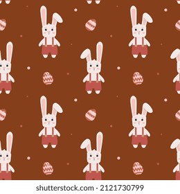 Seamless pattern with bunny and easter eggs. Background for wrapping paper, greeting cards and seasonal designs. Happy Easter Day.