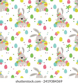 Seamless pattern with bunny and easter eggs. Endless texture for spring design, decoration, greeting cards, posters, invitations, advertisement. Vector illustration.