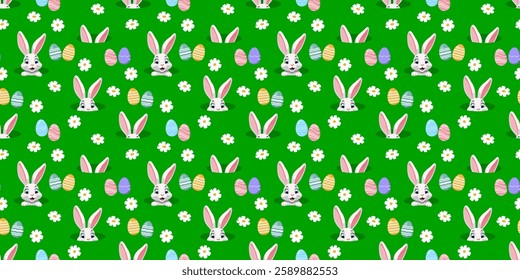 Seamless pattern with bunny, Easter eggs and daisy flowers. Cute cartoon character. Vector illustration