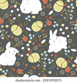 Seamless pattern with bunny, eggs, and many different flowers, hearts on black background. Vector illustration.