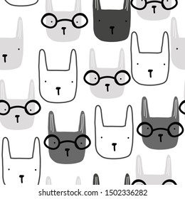 Seamless pattern with bunny face. Kids monochrome print. Vector hand drawn illustration.