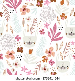 Motif harmonieux de visages lapins et d'éléments floraux. Texture créative enfantine. Idéal pour le tissu, Illustration Vectorielle textile