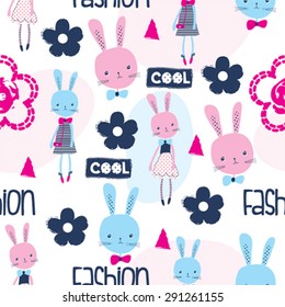 seamless pattern with bunny, fashion for girls vector illustration