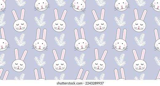 Seamless pattern with bunny and fir tree branch on pastel blue background. Vector cartoon character. Merry Christmas and Happy New year Concept.
