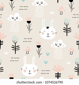 Seamless pattern with bunny, floral elements and clouds. Cute vector illustration. Creative vector childish background for fabric, textile, nursery wallpaper.