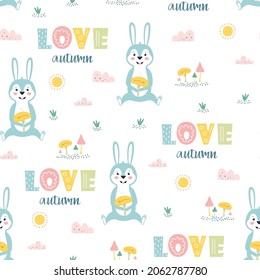 seamless pattern with bunny, floral elements, sun and clouds, creative vector childish background for fabric, textile, nursery wallpaper, print with cartoon rabbit and mushrooms