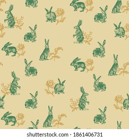 Patrón inmaculado, conejito y floral, dibujado a mano en un estilo vintage o retro. Ilustración vectorial de aislado en un fondo aburrido. Plantillas de grabado vintage para papel, textil, papel tapiz.
