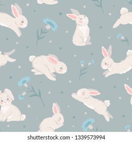 Seamless pattern with bunny and flowers
