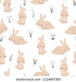 Seamless pattern with bunny, flowers. Colorful vector flat for kids. hand drawing. baby design for fabric, print, wrapper, textile