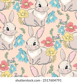 Padrão contínuo com coelho e flores desenhado à mão vetor impressão design, padrão de coelho 
