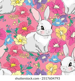 Seamless pattern with Bunny and flowers Hand Drawn vector print design, Rabbit pattern 