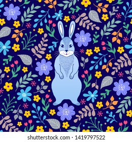 Seamless pattern with bunny and flowers on dark blue background