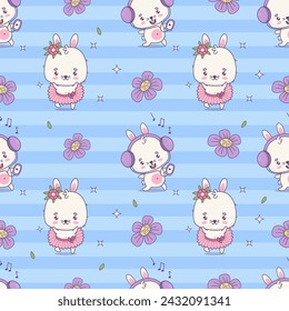 Seamless pattern with bunny girl ballerina and happy rabbit in headphones on striped blue background with flowers. Cute kawaii animal character. Vector illustration. Kids collection.