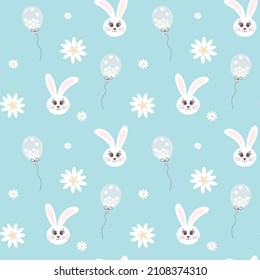 Seamless pattern with bunny head, balloon and chamomiles on blue background. Great for textile, fabric prints, wrapping paper.