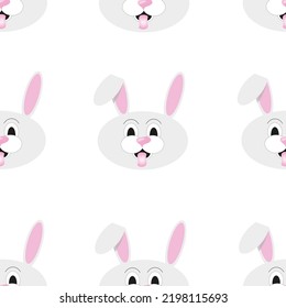 Seamless pattern with bunny head with beautiful ears and tongue on white background. The Christmas concept with bunnies. Easter concept.