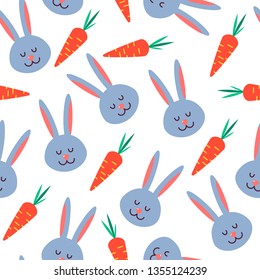 Seamless pattern bunny heads and carrots. Cartoon rabbit cute kawaii pastel blue and orange carrot with leaves on white animal background. Scrapbook, print, textile, fabric design. Vector illustration