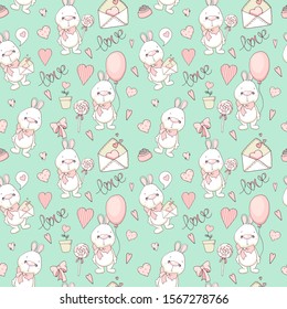 Seamless pattern with bunny, heart, gift on mint background.Vector illustration, printable collection. Happy Valentine's Day. Birthday. Love. Children's holiday. Baby shower