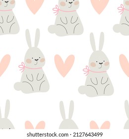 Patrón sin foco con conejito, corazones. Vector colorido plano para los niños. dibujo a mano. diseño de bebé para tela, impresión, envoltura, textil