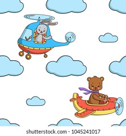 Seamless pattern with bunny in the helicopter and bear on the red airplane.Vector illustration.