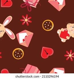 Seamless pattern with a bunny holding a heart, envelope, gifts, heart-shaped lock, flowers and chocolate