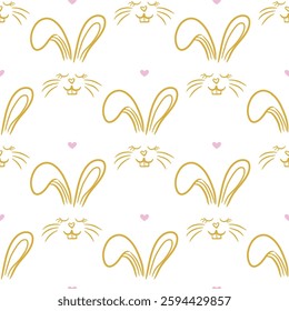 Seamless pattern with bunny line faces and polka dot little hearts