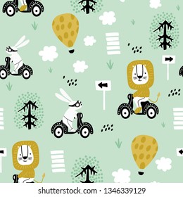 Seamless pattern with bunny and lion riding on scooter. Creative childish texture. Great for fabric, textile Vector Illustration