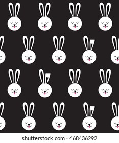 Seamless pattern with bunny on black background. Rabbit pattern