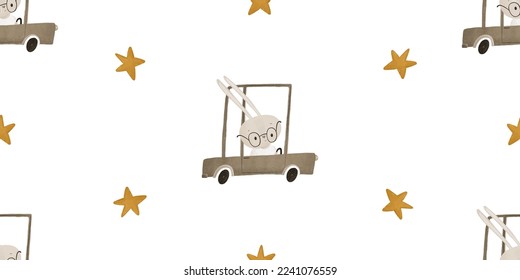 seamless pattern bunny on car with stars