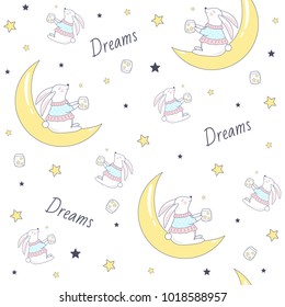 Seamless pattern with bunny on the moon.  Vector  Illustration
